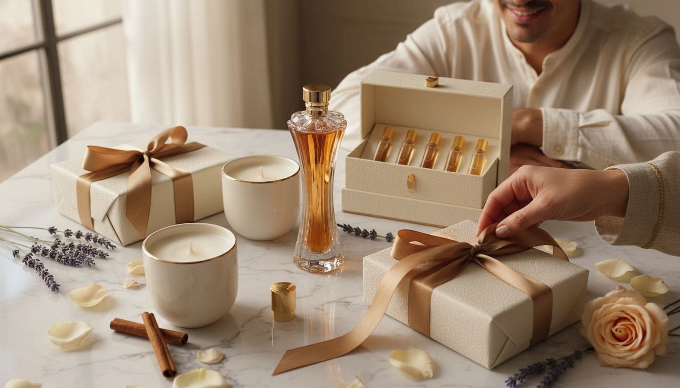 Luxury perfume and candles as aromatic gifts