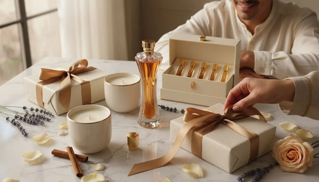 Luxury perfume and candles as aromatic gifts