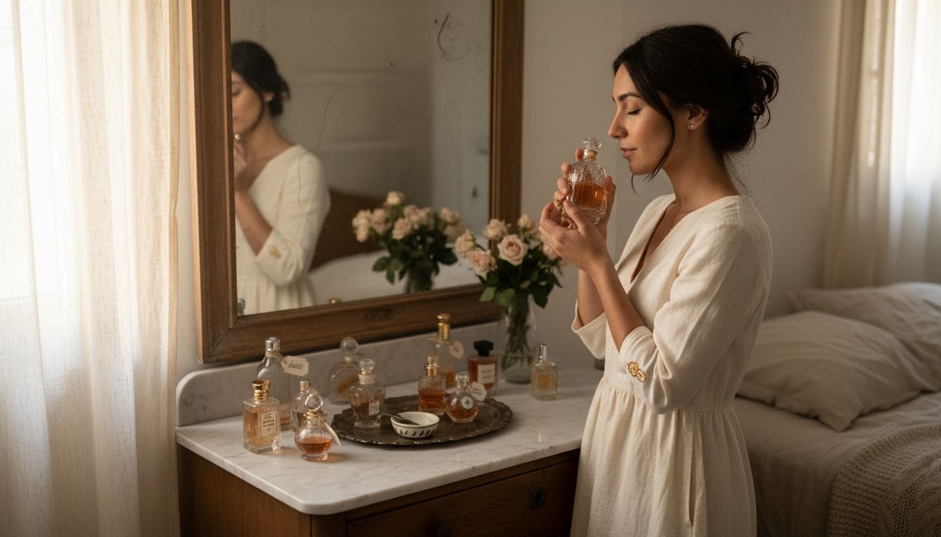 Μια γυναίκα δοκιμάζει άρωμα μπροστά σε ένα παλιό ξύλινο μπουντουάρ, χαμένη στη μαγεία των αρωμάτων και της νοσταλγικής ατμόσφαιρας του χώρου.